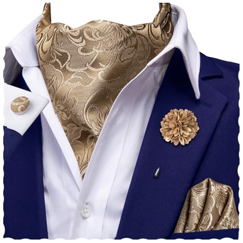 Image of Hi-Tie Silk Ascot for Men Self Tie Men's Cravat and Flower Lapel Pin Handkerchief Cufflinks Set for Wedding Party