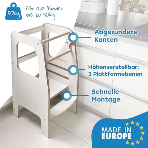 Foto von Montessori Lernturm ab 1 Jahr- Learning Tower - Lernstuhl - Tritthocker mit 2 Stufen & verstellbaren Fachböden - Tritthocker Kinder - Küchenhelfer - Hochstuhl Kinder - Weiß