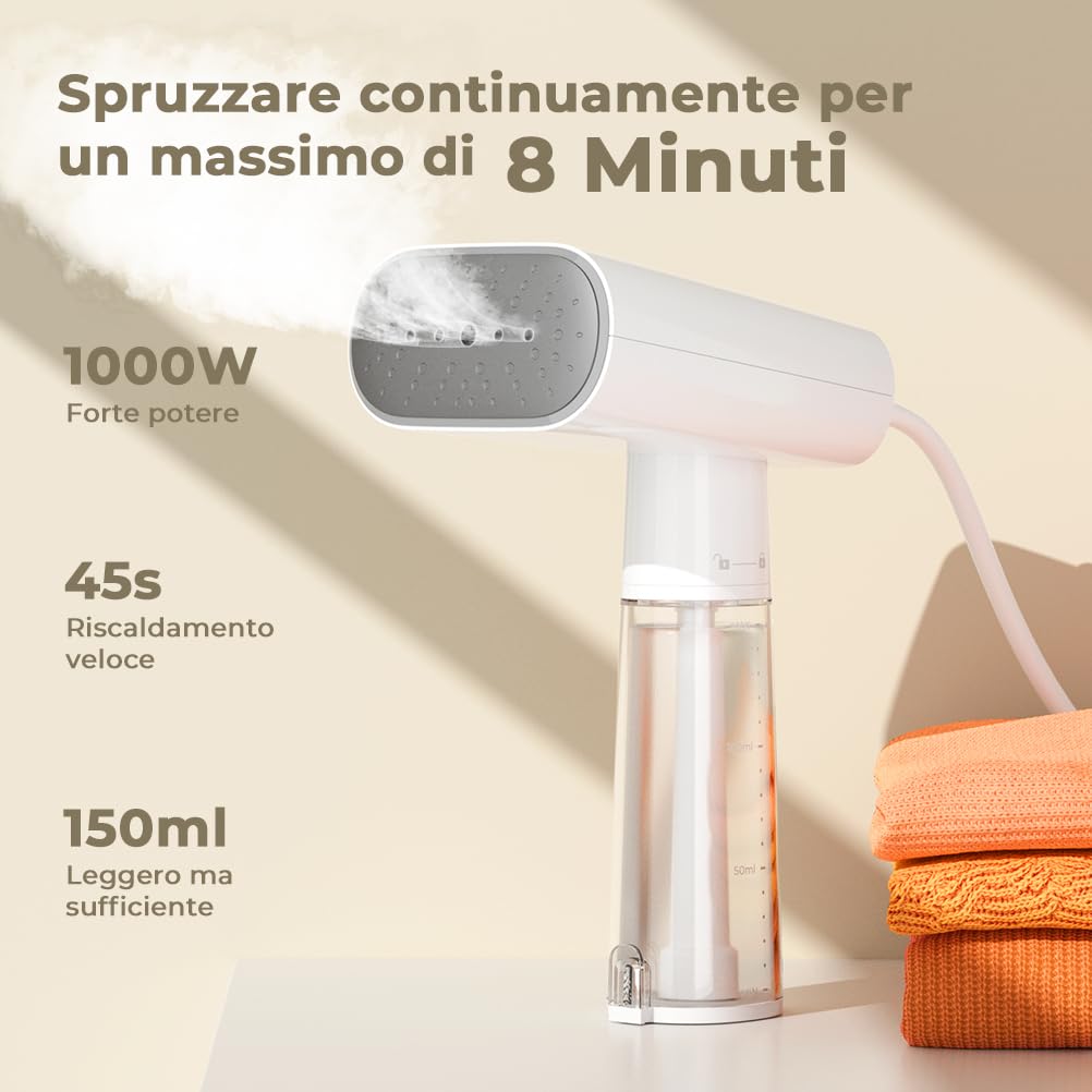 Stiratore Verticale 1000W, Ferro da Stiro da Viaggio con 150ml di Serbatoio d'acqua Piccolo e Leggero, Stira Camicie Rimuove Rapidamente le Pieghe, 1,8M di Cavo, per Casa e Viaggi