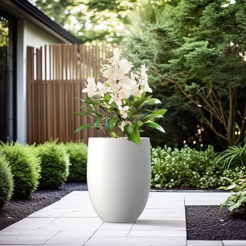 Image of Kante 21.7 inch H Pure White Concrete Tall Planter, Large Outdoor Indoor Decorative Pot with Drainage Hole and Rubber Plug, Modern Round Style for Home and Patio