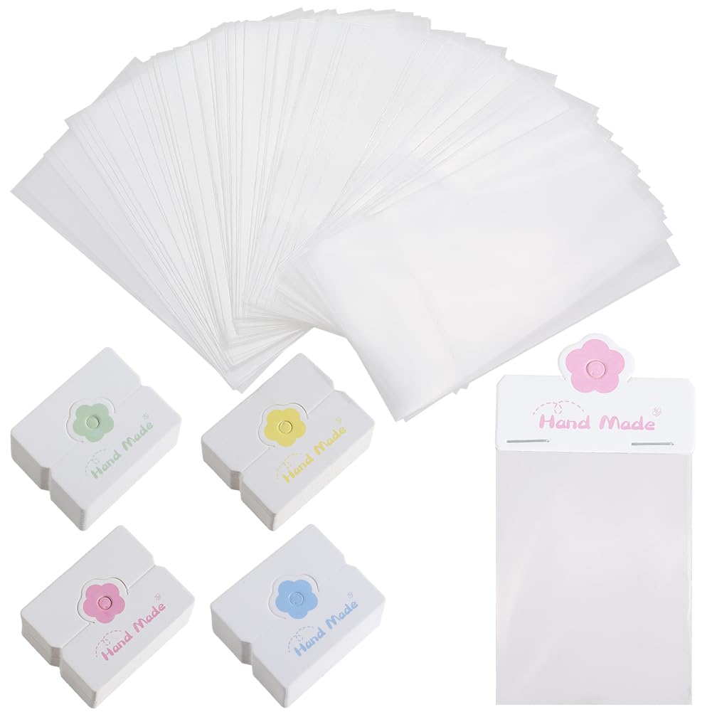 SOFPLATE 160 Sets 1.97 x 2.44 Inch Bracelet Packaging Cards Jewelry Paper Cards Handmade Flower Foldable Header Clear OPP Craft Bags for Showing Bracelets Earrings Keychains Business Selling Packaging