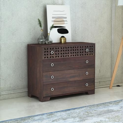 Image of Amazon Brand - Solimo Solid Sheesham Wood Chest of Drawers for Storage| Wooden Kundal Sideboard Cabinet with 4 Drawers Dresser for Living Room, Drawing Room (Walnut Finish)