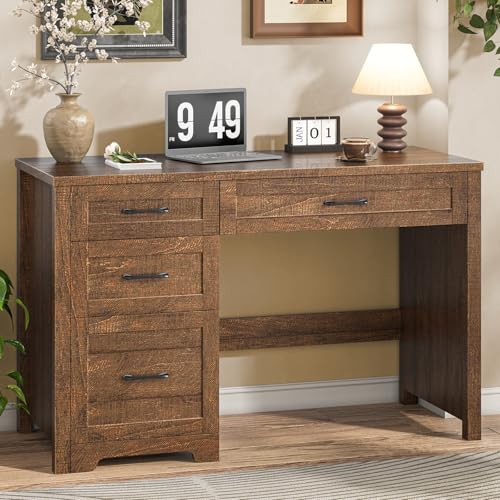 Image of Vabches Home Office Desk with 3 Storage Drawers, Red-Brown
