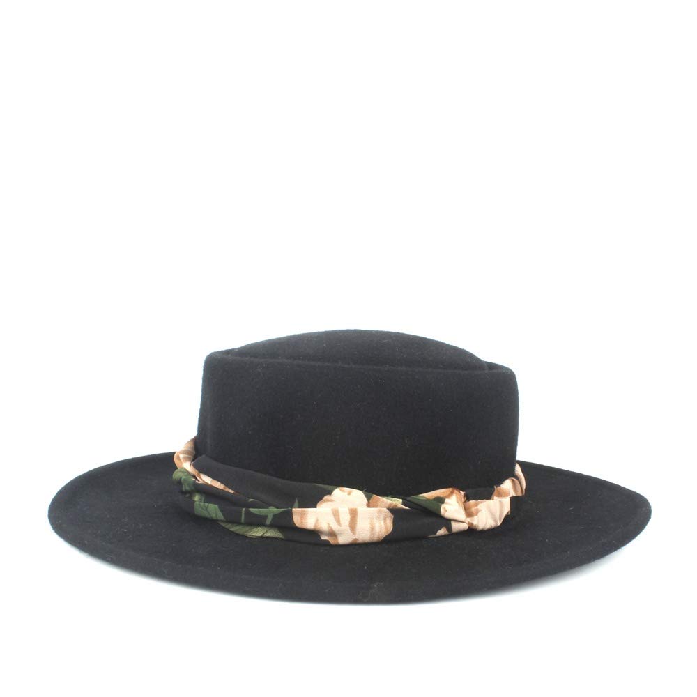 HUANGAIHUA Flat-topped Hat Fashion 100% Wool Flat Top Hat Men Women Fall Winter Color Satin Bow (Color : 1, Size : 56-58)