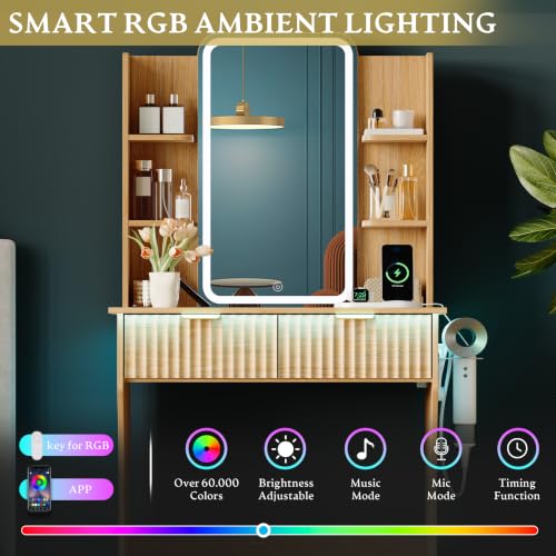 Image of Xixini Vanity Desk with LED Lights Mirror & Power Outlet, Small Makeup Vanity Table Set with Storage Drawers, 3 Lighting Modes & Adjustable Brightness, Dressing Table for Women Girls Bedroom, Oak