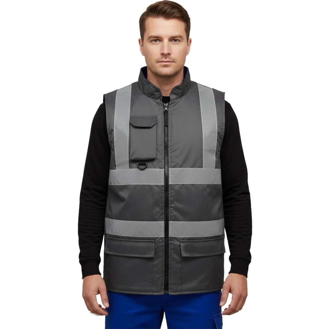 FASHIONISM Ärmellose Warnweste für Herren, Unisex, Fleecefutter, wendbar, hohe Sichtbarkeit, reflektierende Weste, strapazierfähig