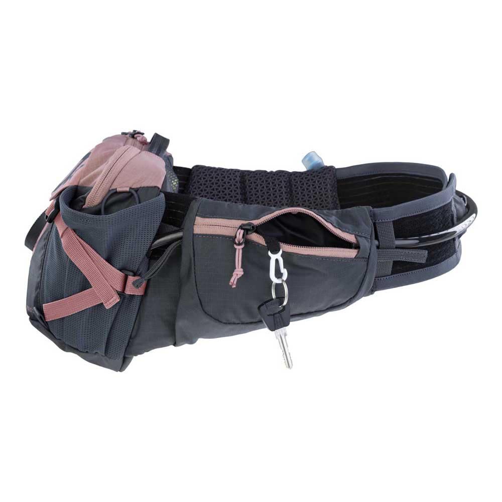 EVOC HIP PACK PRO 3 + HYDRATION BLADDER 1.5, saszetka biodrowa (AIR FLOW CONTACT SYSTEM, pas biodrowy AERO FLEX, w tym 1,5l bukłak i uchwyt na butelkę, One Size), Dusty Pink - Carbon Grey