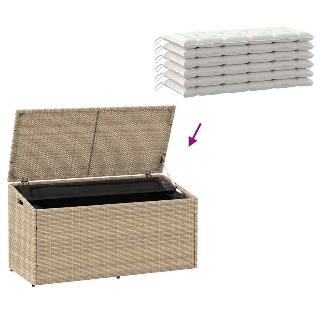 Contenitore da giardino beige, in polyrattan, 110 x 50 x 58 cm, resistente alle intemperie e impermeabile, pratica scatola per cuscini, cuscini