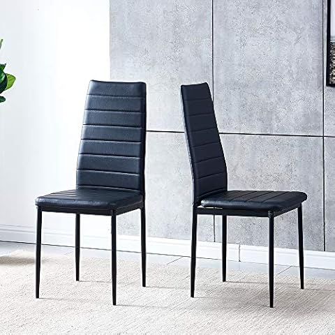 Ansley&HosHo-US High Back Dining Chairs Set of 2, Faux Leather Dining Room Chairs for Kitchen, Lounge, Living Room with Black Metal Legs, 2 Pieces Modern Dinner Chairs Side Chairs, Black Cover