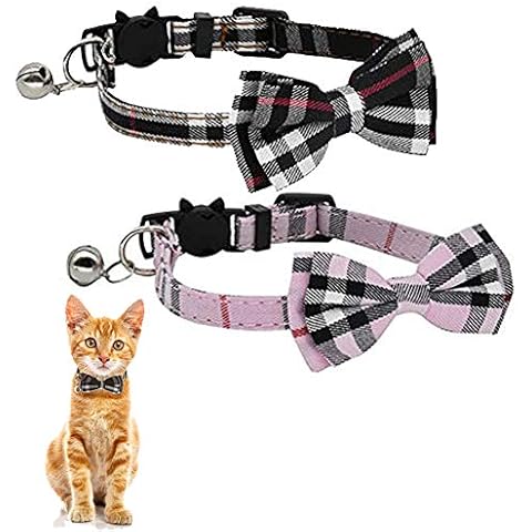 kingkindsun Personalised Quick Release Cat Collar with Bell and Bow Tie,Cute Plaid Patterns,2 Pack Safety cat Collars (Black+Pink) Cover