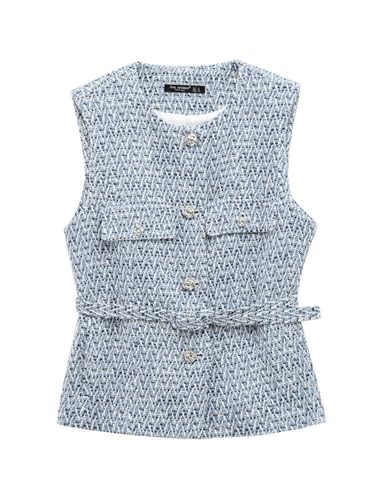 Perbai Womens Tweed Blazer Vest Crewneck Button Down