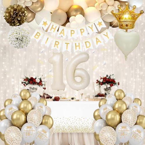 Image of Sweet 16 Party Decorations, White and Gold 16th Birthday Decorations for Girls Happy Birthday Banner Tablecloth Cake Topper Bday Sash Crown Fringe Curtain Balloons for Girls Sweet 16 Party Deco
