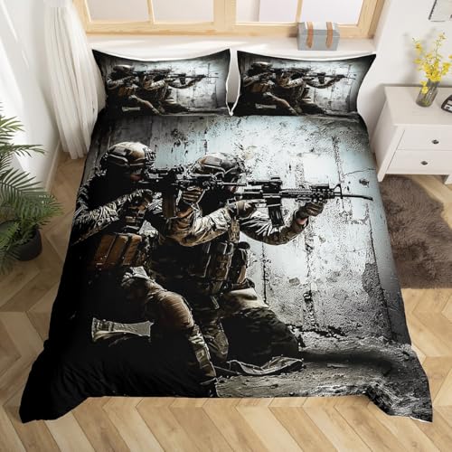Soldier Comforter Cover, Army Rifle Machine Gun Bedding Sets for Boys, Under Mission Army Duvet Cover Sets, Military Themed Quilt Cover Twin Camouflage Bedroom Decor For Youth Man Gamer Room Decor