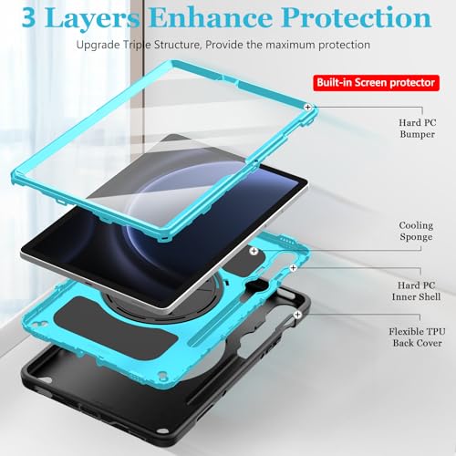 Image of Case for Galaxy Tab S10 Lite &S10 FE S9 FE 10.9 inch /S9 11 Inch: TPU Cover for Samsung Tablet S10 FE / 2025 / S9 FE & S9 2023 5G with Screen Protector- Stand- Handle-Shoulder Strap-S-Pen Holder-Mint Green