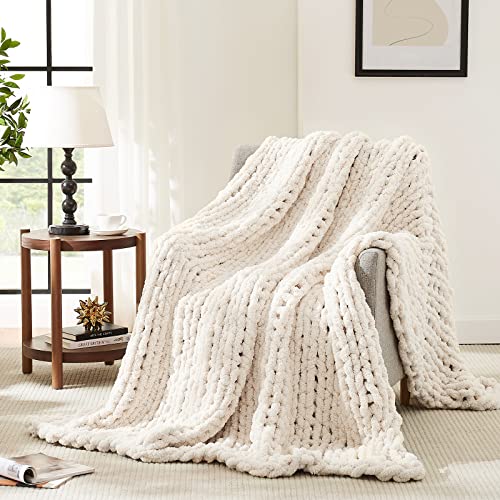 L’AGRATY Chunky Knit Blanket Throw,Soft Chenille Yarn Throw 50×60，Handmade Thick Cable Knit Crochet Blanket, Large Rope Knot Throw Blanket for Couch Home Decor