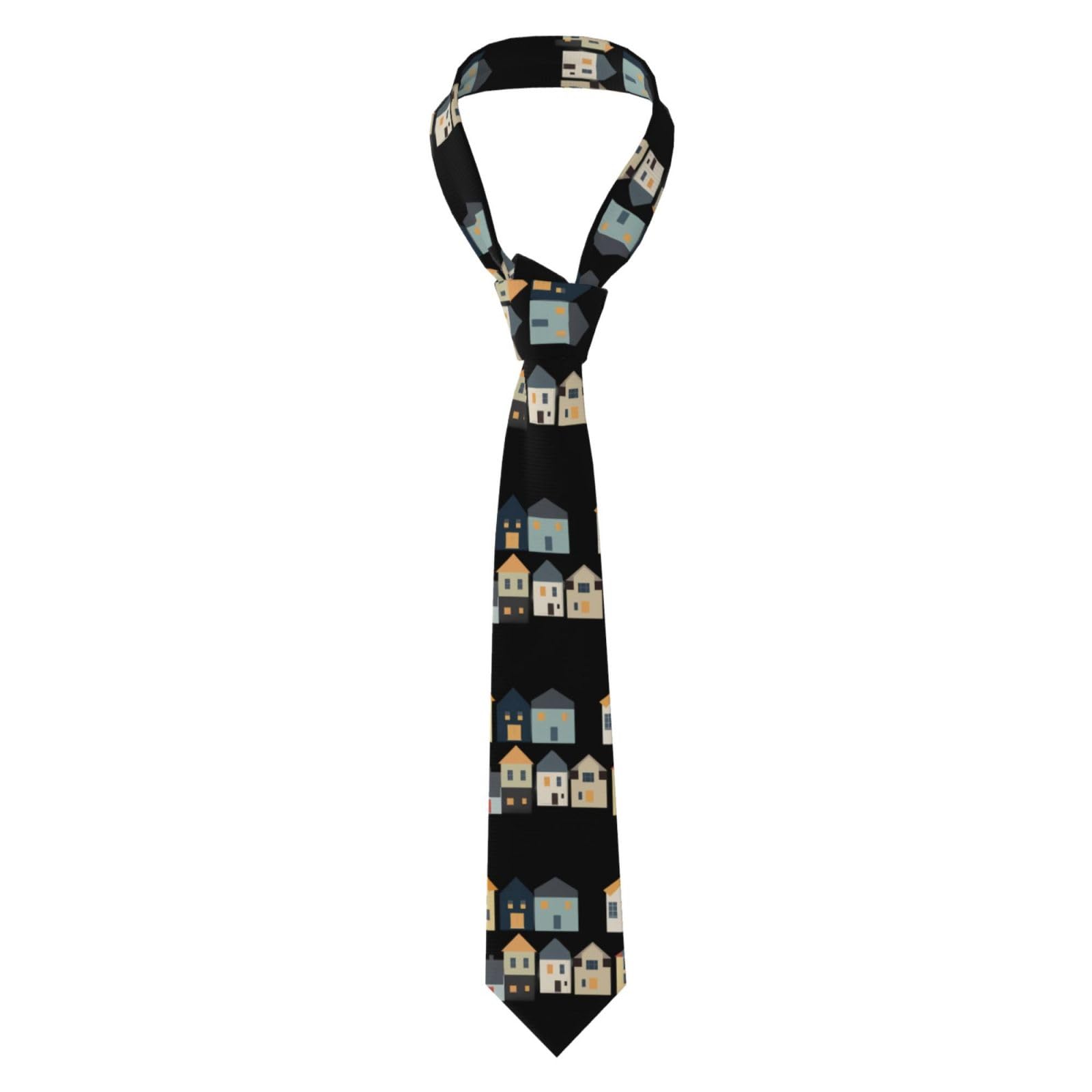 Whjdpp Men's Black Necktie Small House Pattern On Sticky Note Printing For Business, Daily, Work, Birthday, Wedding, Party, Banquet, Gift