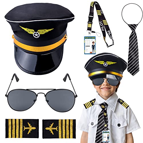 Keymall Kids Pilot Costume Accessories Set With Aviator Hat Sunglasses Tie Pin for Aviation Halloween Dress Up (Set B-2)