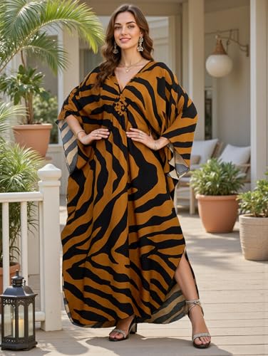 Image of IMAGEKOPE Women's Plus Size Animal Print V-Neck Batwing Kaftan Beach Dress Bathing Suit Cover-Up Loungewear