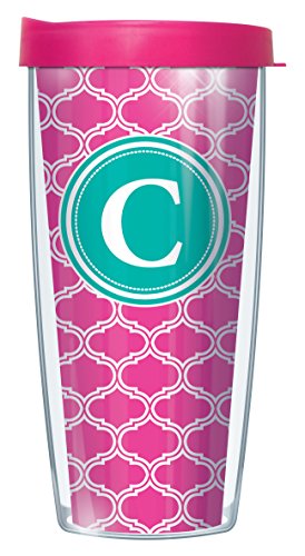 Signature Tumblers"C" Monogram Insignia Wrap on Pink and White Duofoil 16 Ounce Double-Walled Travel Tumbler Mug with Hot Pink Easy Sip Lid
