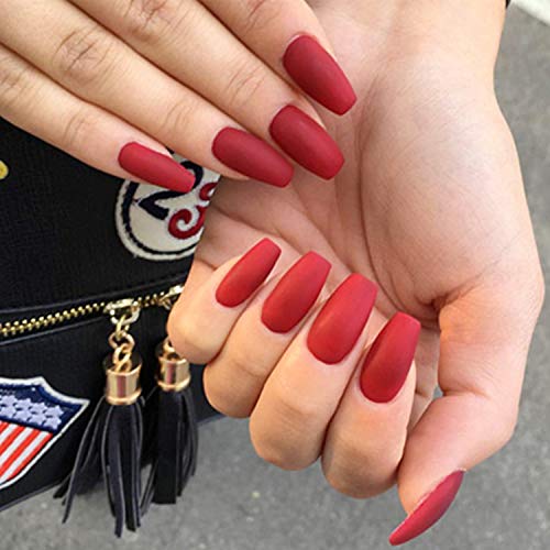 24 Pcs Fake Nails Matte Coffin Nails Red Full Cover Ballerina Nail Art Medium False Gel Nails Tips Sets for Women Teens Girls (Red)
