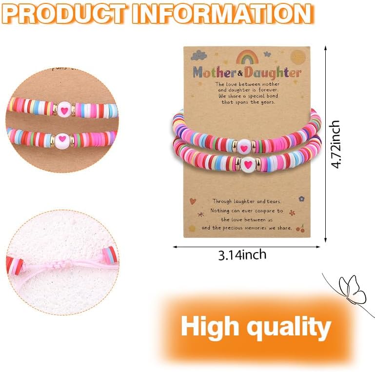 Cute Mother Daughter Bracelet Gifts for Mom Mommy Birthday Christmas Gifts from Daughters Colorful Mom and Me Clay Stackable Bracelets Mommy Daughter I Love You Gift from Mother 2 PCS - Image 6
