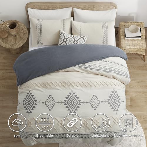 Image of Oli Anderson Boho Duvet Cover Set Queen Size, Beige and Gray Color Clash 3 Pieces Microfiber Bedding Set, Durable and Super Soft Duvet Covers with Zipper and Ties, 90 inch*90 inch