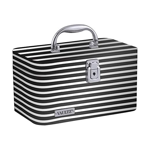 Vaultz Locking Train Case for Cosmetics Storage, Black and White Stripe (VZ03754)