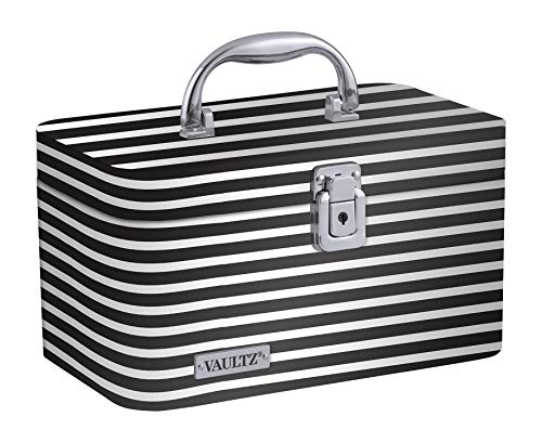 Vaultz Locking Train Case for Cosmetics Storage, Black and White Stripe (VZ03754)
