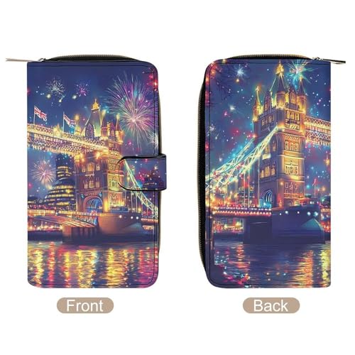 Tower Bridge in London Fireworks Fashion Women's Wallet RFID Blocking Bifold Clutch Purse Compact Card Holder 19.7x11x3.5cm3