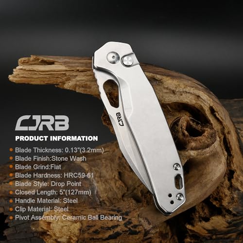 Image of CJRB Frack Folding Pocket Knife, 3.9 inch AR-RPM9 Steel Blade PVD Coating Steel Handle EDC Knife, Button Lock Knife for Outdoor Camping Gift, Stonewash (J1931)
