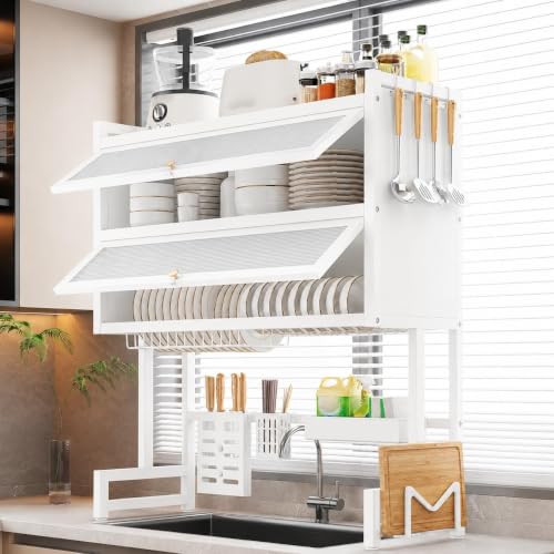Image of Gvnd Over-The-Sink Dish Drying Rack with Dustproof Flip Cover Door | Multifunctional Adjustable Metal Kitchen Countertop Organizer (Multi 2)