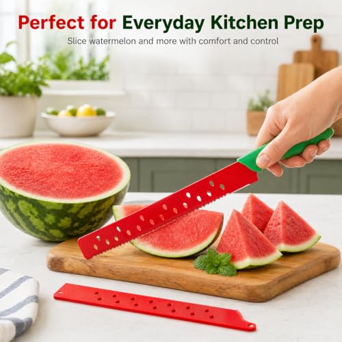 Watermelon Knife with Sleeve for Melon Cutting, Long Serrated Bread Lettuce Vegetable Knife, Kitchen Fruit Melon Tomato Cutter Slicer, with Cover for Home Summer Party Camping Outdoor (Red Green) by DECHOUS - Image 7