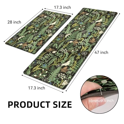Black Green Botanical Kitchen Rugs Set of 2 Plant Leaf Anti-Fatigue Kitchen Mat Natural Comfort Standing Waterproof PVC Mats 2/5