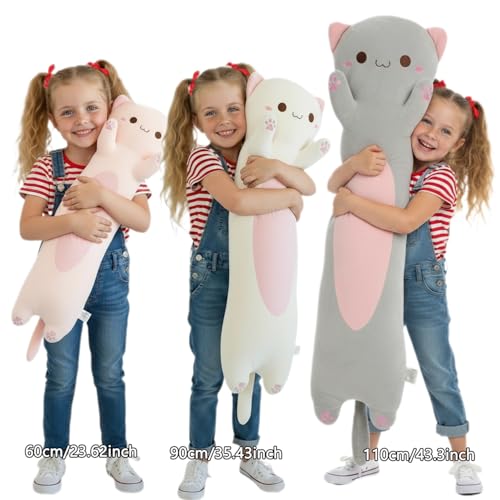 Image of Long Cat Plush Toy - Ultra Soft Cat Plush Pillow Stuffed Animal for Kids & Adults, Kawaii Kitty Body Pillow, Cute Plushie Gift for Kids Girlfriend (Gray, Round Eyes, 90cm /35.43inch)