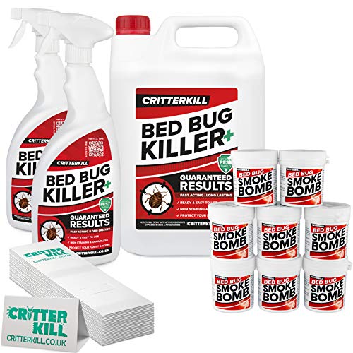 CritterKill Professional Bed Bug Killer Set - For Repeat Treatment of Infestation - Bedbug Sprays + Smoke Bombs + Insect Traps (Medium)