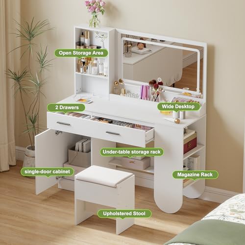 Image of 47'' Wood Vanity Desk with Mirror and Lights, Makeup Girls Vanity Set with 2 Drawers, 2 Storage Shelves & 1 Cabinet, Power Outlet, Stool, Furniture Clearance Outlet Dressing Table for Bedroom, White