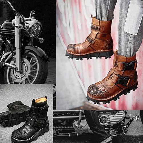 Fashion Men Leather Motorcycle Boots, Winter Street Riding Punk Ankle Boots, Buckle Mid-Calf Work Shoes4