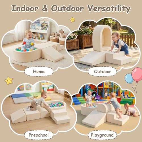 Image of Tiita Baby Climb and Crawl Playset 5-Piece with Small Ball Pit | Foam Climbing Blocks for Toddlers with Removable Washable Cover, Indoor Soft Play Climber, Beige