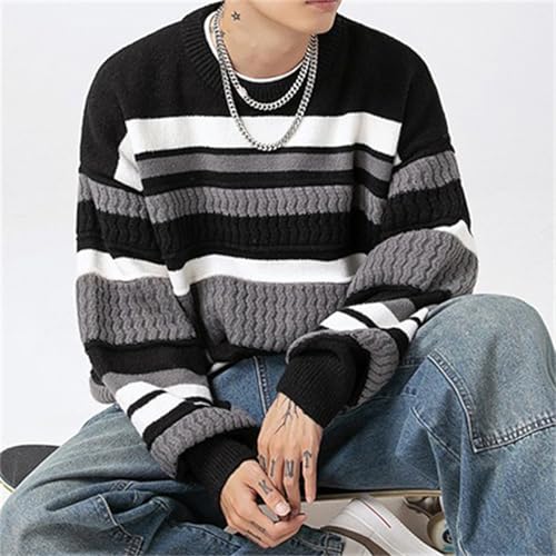 Men's Vintage Sweater Oversized Cable Knit Crewneck Sweaters Casual Long Sleeve Striped Pullovers3