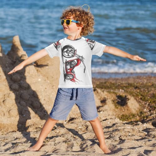 Boys Short Sleeve T-Shirts Fire Motorcycle White Rashguard Kids Swim Shirts Sun UPF 50+4