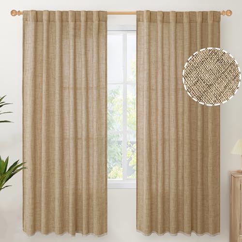 YoungsTex Burlap Linen Semi Sheer Curtains 72 Inch Length for Living Room, Semi Sheer Window...