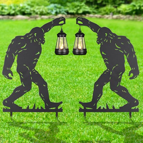 2Pack Solar Outdoor Garden Lights Stakes Solar Metal Bigfoot Lawn Deco Statue Black Bigfoot Patio Garden Decorative Stakes with Lantern Christmas Birthday Gifts for Women Mom and Grandma