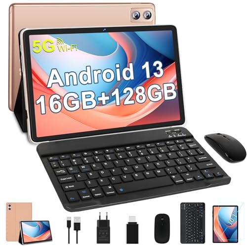 SEBBE WOZIFAN Tablet 10 Pulgadas Android 13 Tablet PC Tableta Octa-Core 2.0 GHz 16GB RAM + 256GB ROM + TF 512GB / 5MP+13MP / 8000 mAh / 5G WiFi, Tablet con Ratón Teclado Oro