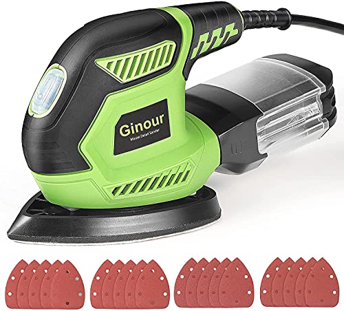 Mouse Detail Sander, Ginour 14000 OPM 200W Hand Sander 1.6A Electric Sanders for wood, with 20 PCS Sandpapers, Transparent Dust Collection Box, Corded Detail Sander for Woodworking