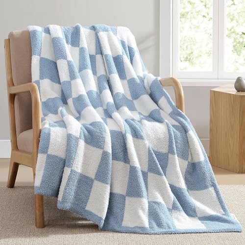 Image of BEDHACEM Checkered Throw Blanket for Couch, Bed, Sofa - Reversible Microfiber Soft Cozy and Warm Throws, Lightweight Fluffy Fuzzy Plush Home Decor Blankets for All Seasons (Blue, 50" x 60")
