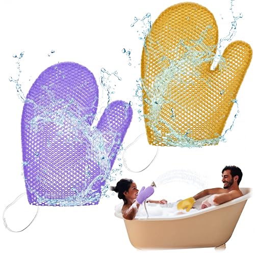 Karenhi 2 Pcs Honeycomb Exfoliating Glove Bath Mitt Body Spa Scrubber, Honeycomb Exfoliator Glove for Body Shower, Scrubber Sponge Shower Loofah, Quick Drying(Purple,Yellow)