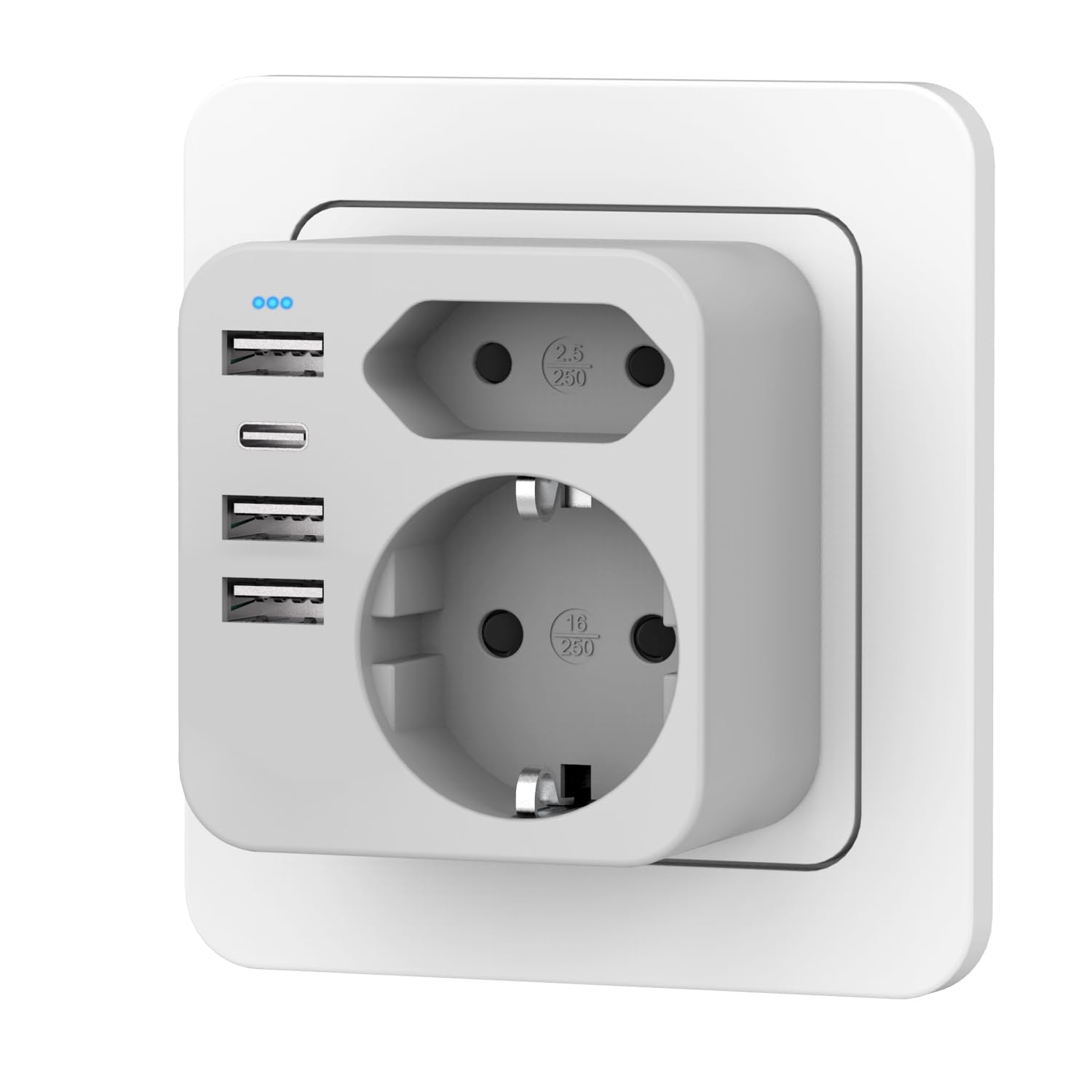 Mehrfachsteckdose mit 4 USB Ports, Mehrfachstecker für Steckdose mit 2 Fach Stecker, Steckdosenadapter mit USB C Port, Doppelstecker für USBC Steckdose, Steckdosenleiste (Grau)
