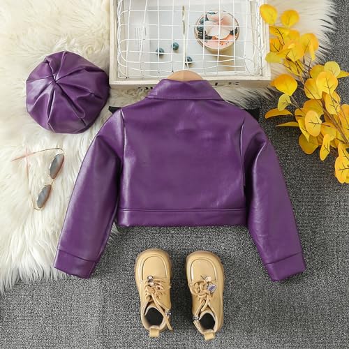 Toddler Girls Faux Leather Motorcycle Jacket Cute Ruffle Spring Fall PU Coat and Hat 2 to 7 Years Top Runaways Purple2
