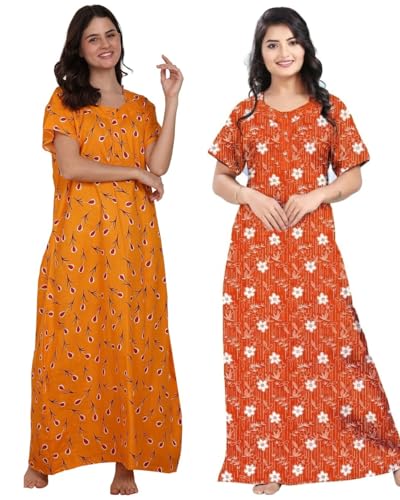 Image of Women Cotton Nighty Combo Pack of 2, Printed Maxi Nighty Gown, Short Sleeve Cotton Nightdress, Soft Breathable Ankle Length Sleepwear Nightwear for Ladies, Free Size