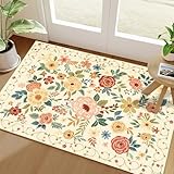 DUKINO 2x3 Rugs for Entryway, Floral Indoor Washable Door Mat, Non Slip Boho Small Rug for Kitchen, Soft Low Pile Front Door Throw Rug for Entrance, Bedroom, Kitchen, Laundry, Bathroom, Beige Yellow